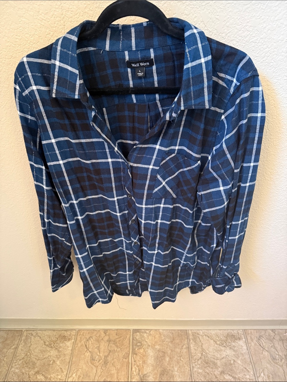 Well Worn Woman’s Navy and White Plaid Button-Down Shirt